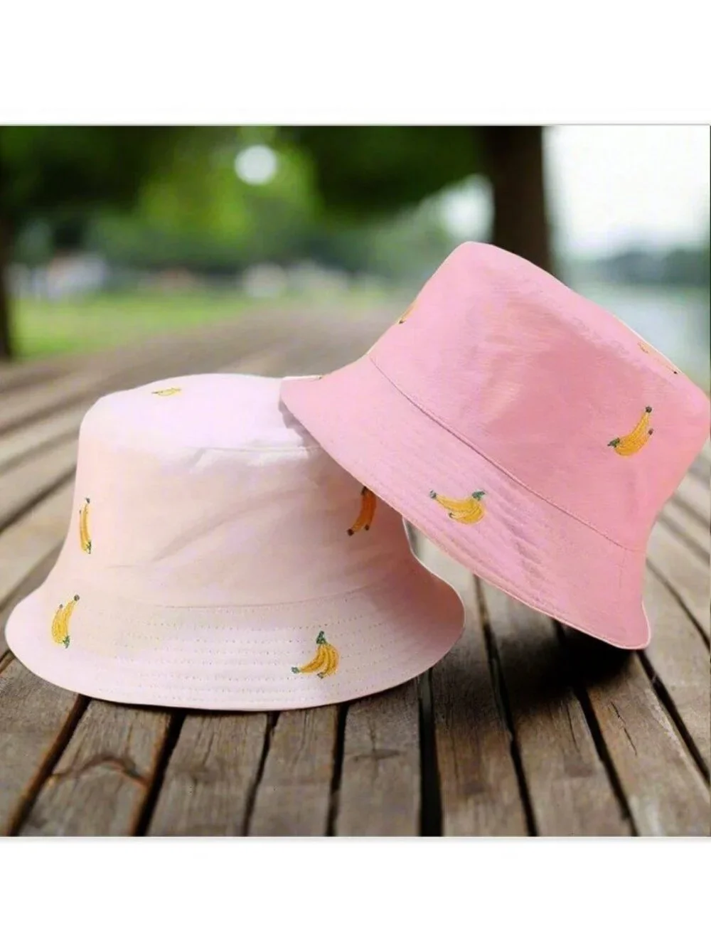 Everlynn Reversible Bucket Hat Banana Embroidered Cotton Twill Pink White OSFM